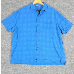 Paradise Collection Mens Blue Textured Plaid Short Sleeve Shirt XXL 100% Silk